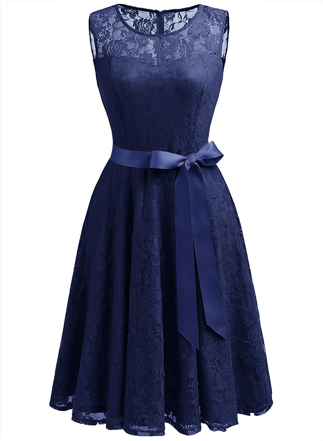 Navy Blue Chiffon Homecoming Dress Scoop Neck Lace Appliques Bow Tie Women Party Dress