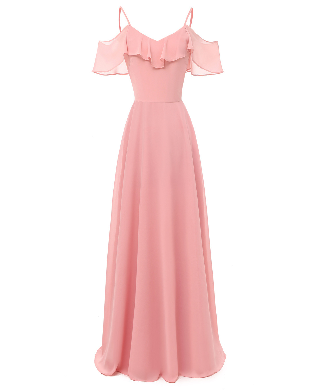 Spaghetti Straps Pink Chiffon Prom Dress Floor Length Women Evening Dress 2019
