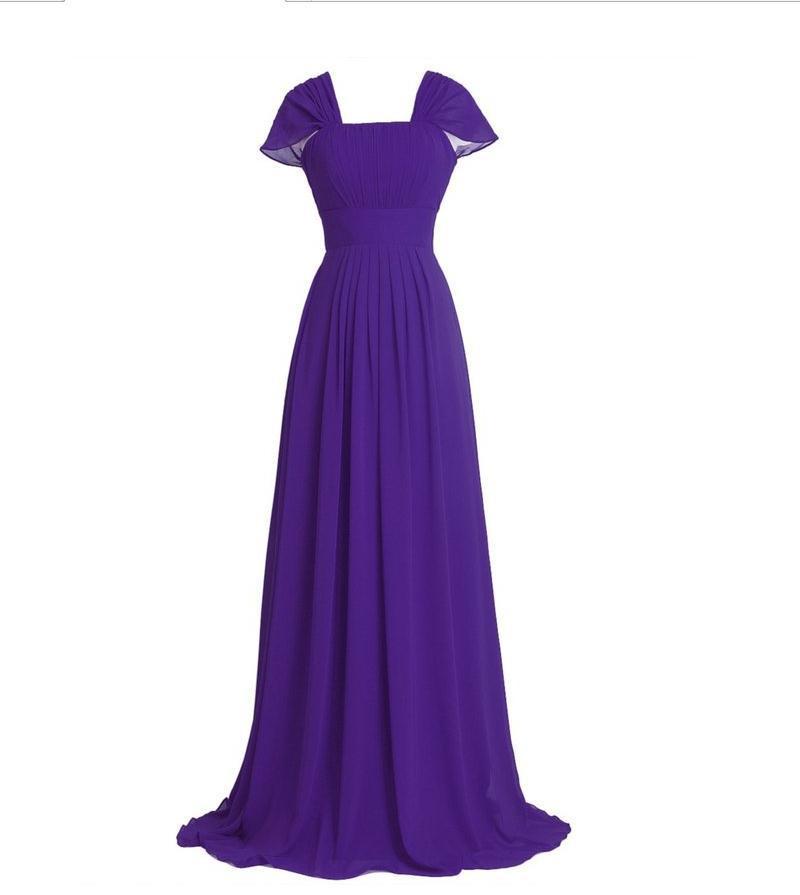 Cap Sleeves A-line Purple Chiffon Prom Dress Pleated Women Evening Dress 2019