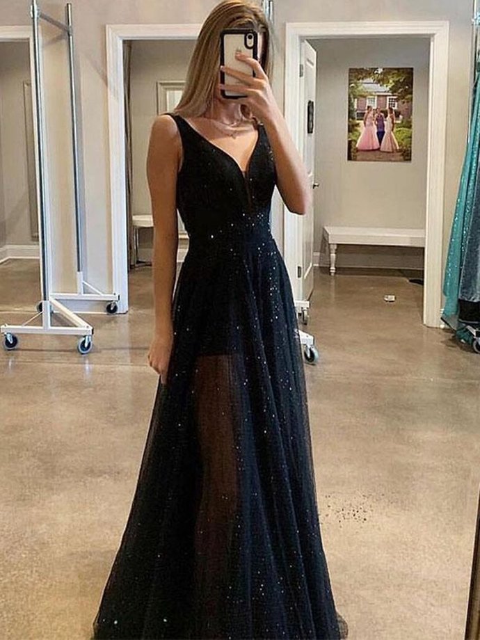 V Neck A-line Long Black Tulle Prom Dress Sleeveless Women Evening Dress 2019