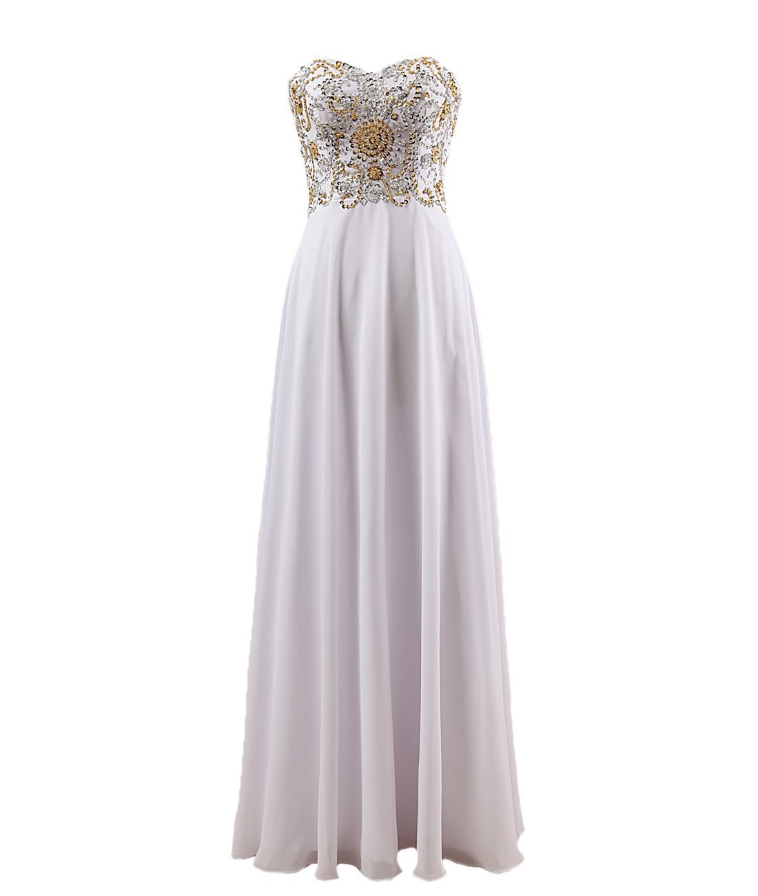 Strapless A-line White Chiffon Prom Dress Beaded Floor Length Women Evening Dress 2019