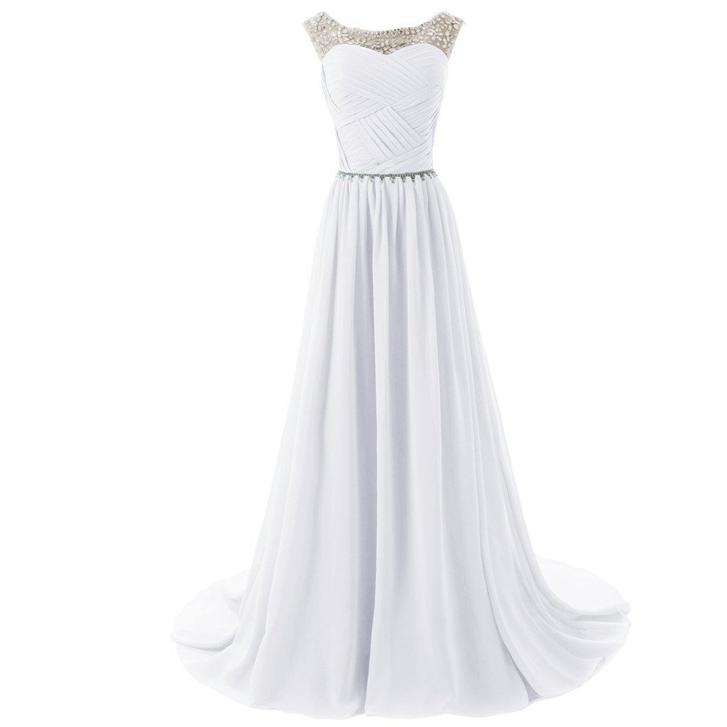 Scoop Neck Long White Chiffon Prom Dress Beaded Floor Length Women Evening Dress