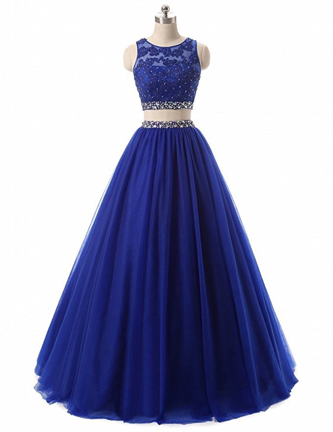 2 Pieces A-line Blue Tulle Prom Dress Beaded Floor Length Women Evening Dress 2019