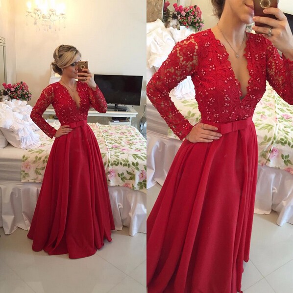 Long Sleeves A-line Red Satin Prom Dress Beaded Floor Length Women Evening Dress 2019