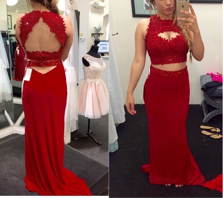 2 Pieces Long Red Prom Dress Open Back Lace Women Evening Dress 2019