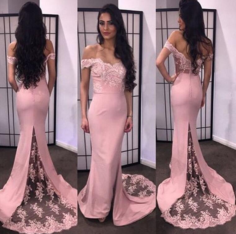 Off The Shoulder Mermaid Long Satin Prom Dress Lace Appliques Women Evening Dress 2019