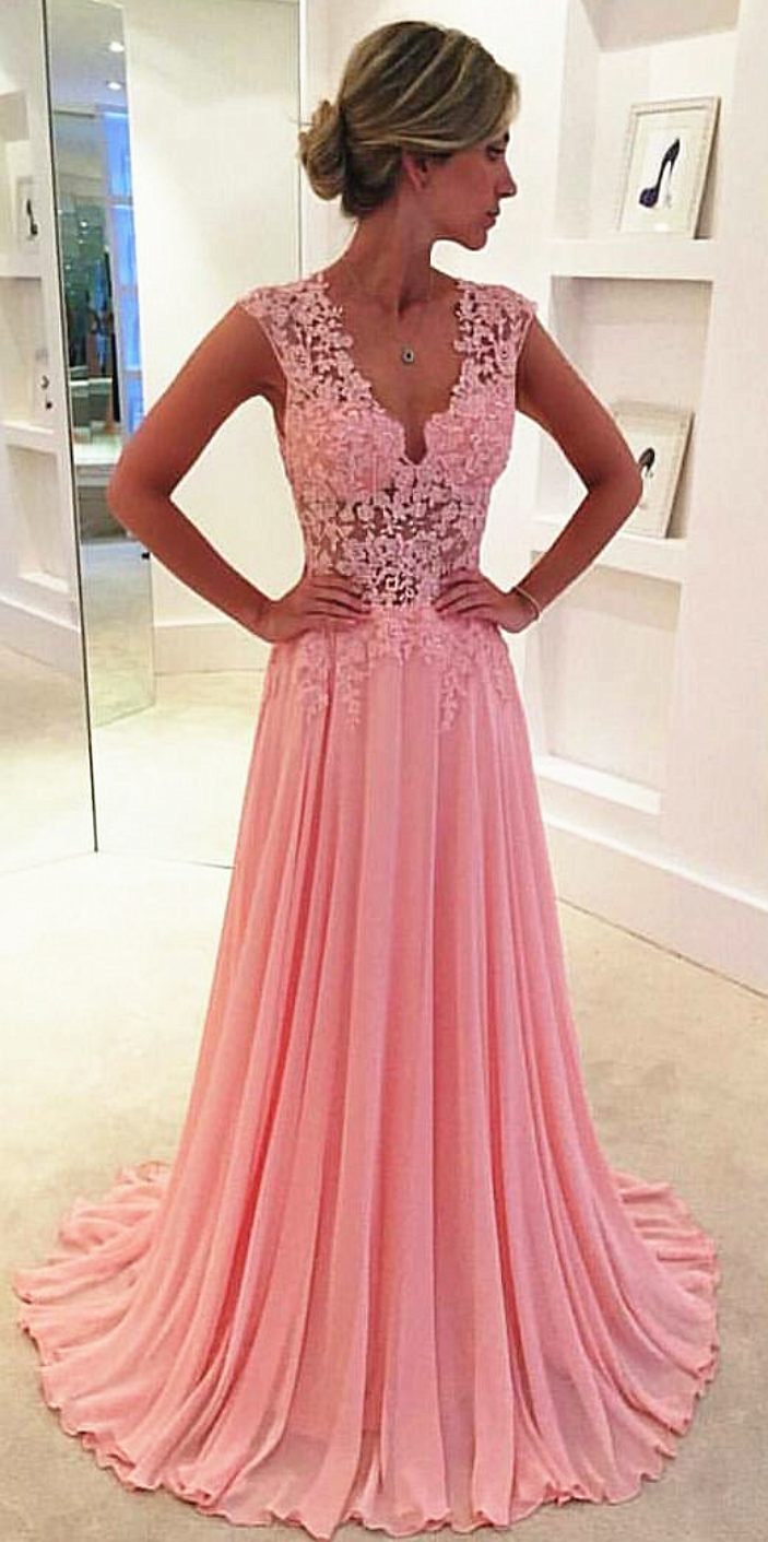 V Neck Long Pink Chiffon Prom Dress Lace Appliques Floor Length Women Evening Dress