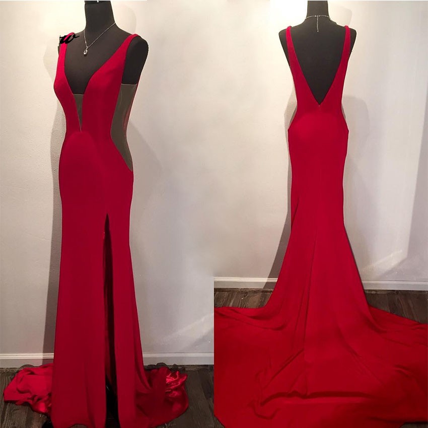 Open Back Sheath Long Prom Dress, High Slit Sexy Women Evening Dress 2019