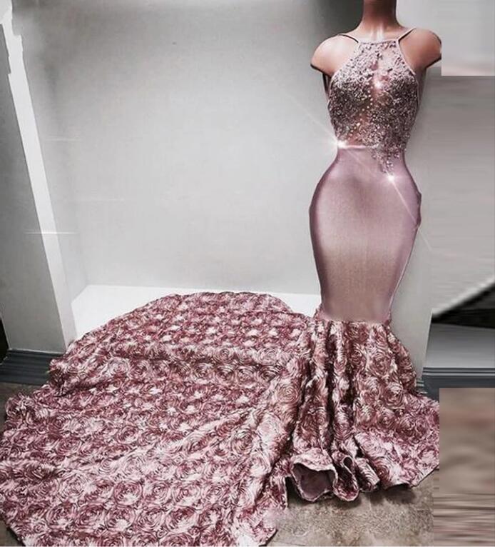 Halter Neck Pink Satin Prom Dress Spaghetti Straps Women Evening Dress 2019