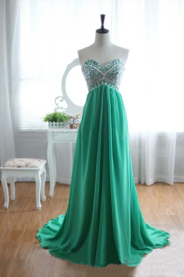 Sweetheart Neck Long Women Green Chiffon Prom Dresses With Crystals