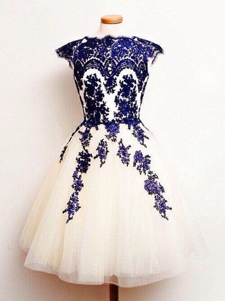 Blue Lace Appliques Short Tulle Homecoming Dresses