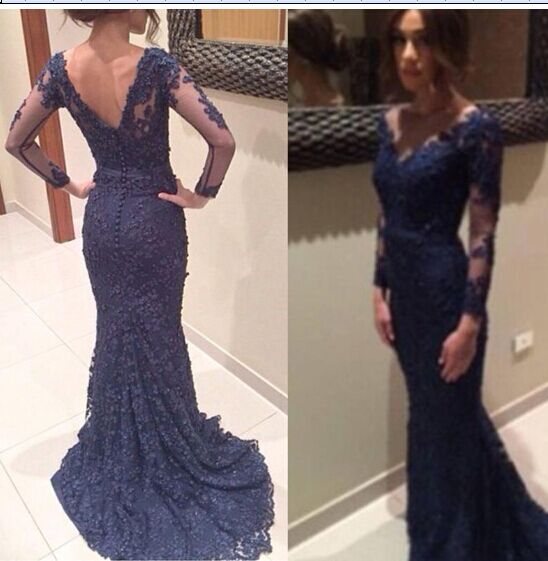 Long Mermaid Lace Evening Dresses, Full Sleeves Party Dresses/ Prom Dresses