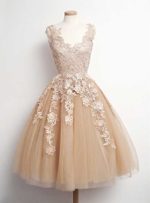 Lovely Short Champagne Tulle Homecoming Dresses With Lace Appliques Scoop Neck Women Party Dress