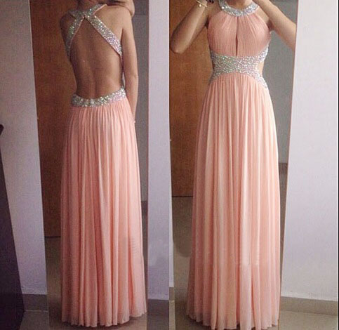 Sexy Backless Chiffon Prom Dresses Crystals Beaded Floor Length Party Dresses Custom Made Women Dresses