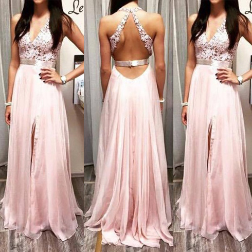 Halter Neck Long Chiffon Prom Dresses Lace Appliques Floor Length Custom Made Party Dresses 2016
