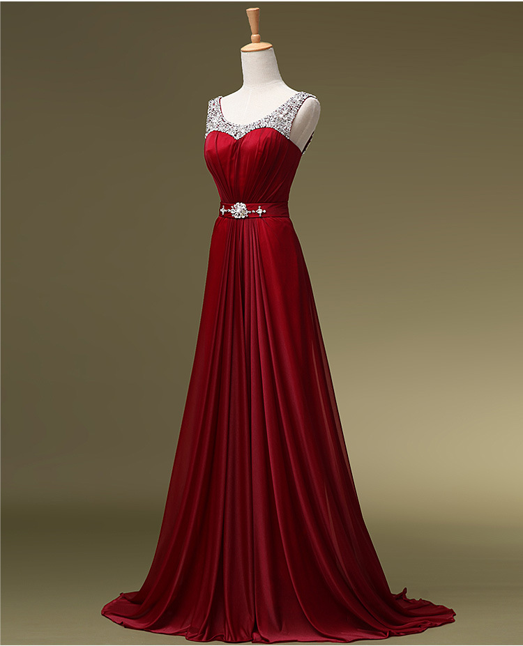 Dark Red Long Chiffon Prom Dresses Scoop Neck Floor Length Crystals Beaded Party Dresses 2016