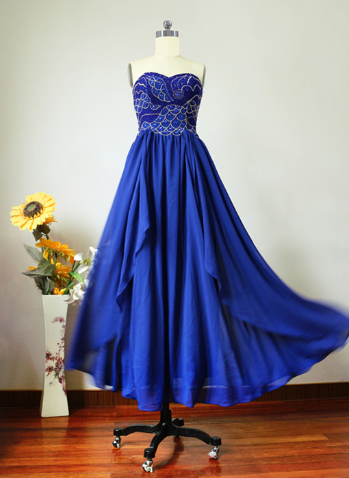 Royal Blue Long Chiffon Prom Dresses Sweetheart Neck Crystals Beaded Floor Length Party Dresses Custom Made 2016