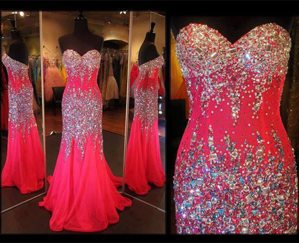 Charming Long Chiffon Prom Dresses Sweetheart Neck Crystals Beaded Party Dresses Floor Length Custom Made 2016