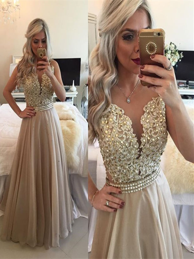 Charming A-line Long Chiffon Prom Dresses Sweetheart Neck Lace Appliques Floor Length Party Dresses 2016