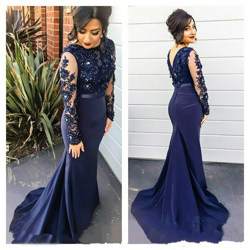 Sexy Mermaid Chiffon Prom Dresses Scoop Neck Long Sleeves Lace Appliques Party Dresses 2016