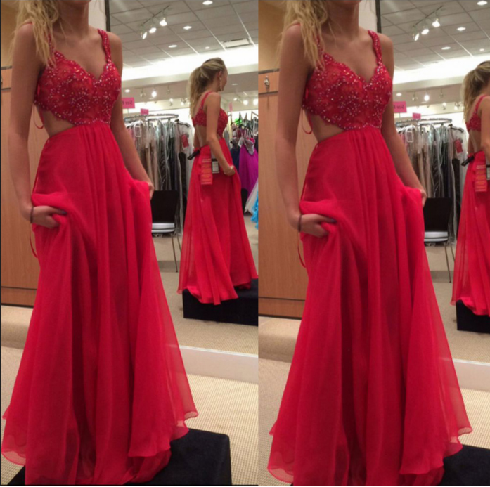 Long Red Chiffon Prom Dresses Lace Beaded Women Party Dresses