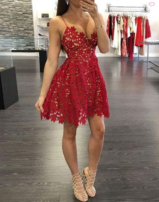 Lovely Mini Lace Prom Dresses, Spaghetti Straps Women Party Dresses
