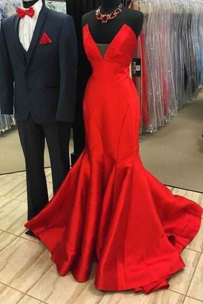 V Neck Evening Dresses Train Prom Dress Long Prom Dresses 2017 Satin Dress Red Dresses