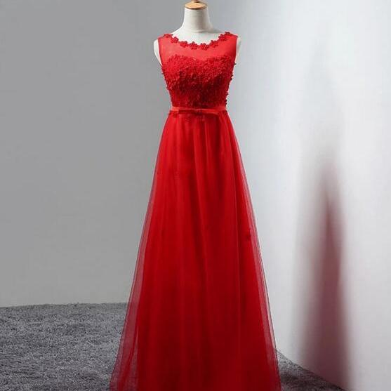 Scoop Neck Red Prom Dress, Sleeveless Lace Appliques Women Evening ...