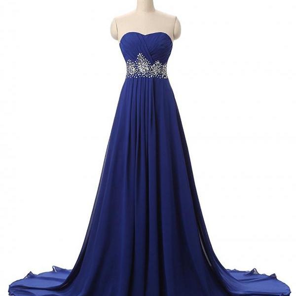 Strapless A-line Royal Blue Chiffon Prom Dress Beaded Floor Length ...